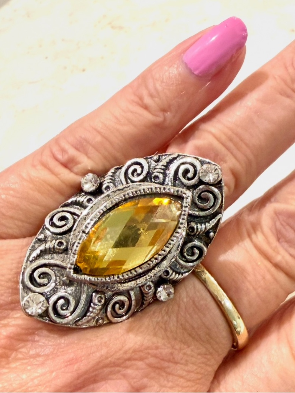 Vintage Style Citrine Marquise Statement Ring – Adjustable Size 7